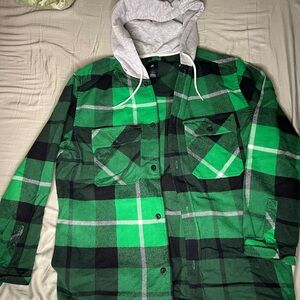 H&M Green Plaid Shirt Jacket with Gray Hood